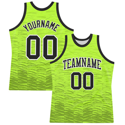 Custom Neon Green Black-White Line Round Neck Sublimation Basketball Suit Jersey