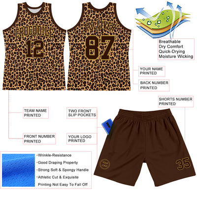 Custom Brown Old Gold Leopard Print Round Neck Sublimation Basketball Suit Jersey