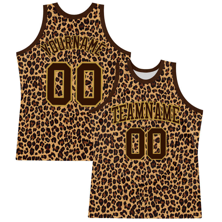 Custom Brown Old Gold Leopard Print Round Neck Sublimation Basketball Suit Jersey