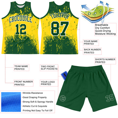 Custom Green Yellow-White Abstract Splatter Grunge Art Round Neck Sublimation Basketball Suit Jersey