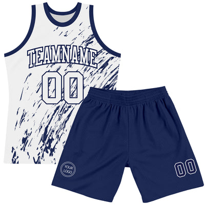 Custom White Navy Splash Round Neck Sublimation Basketball Suit Jersey
