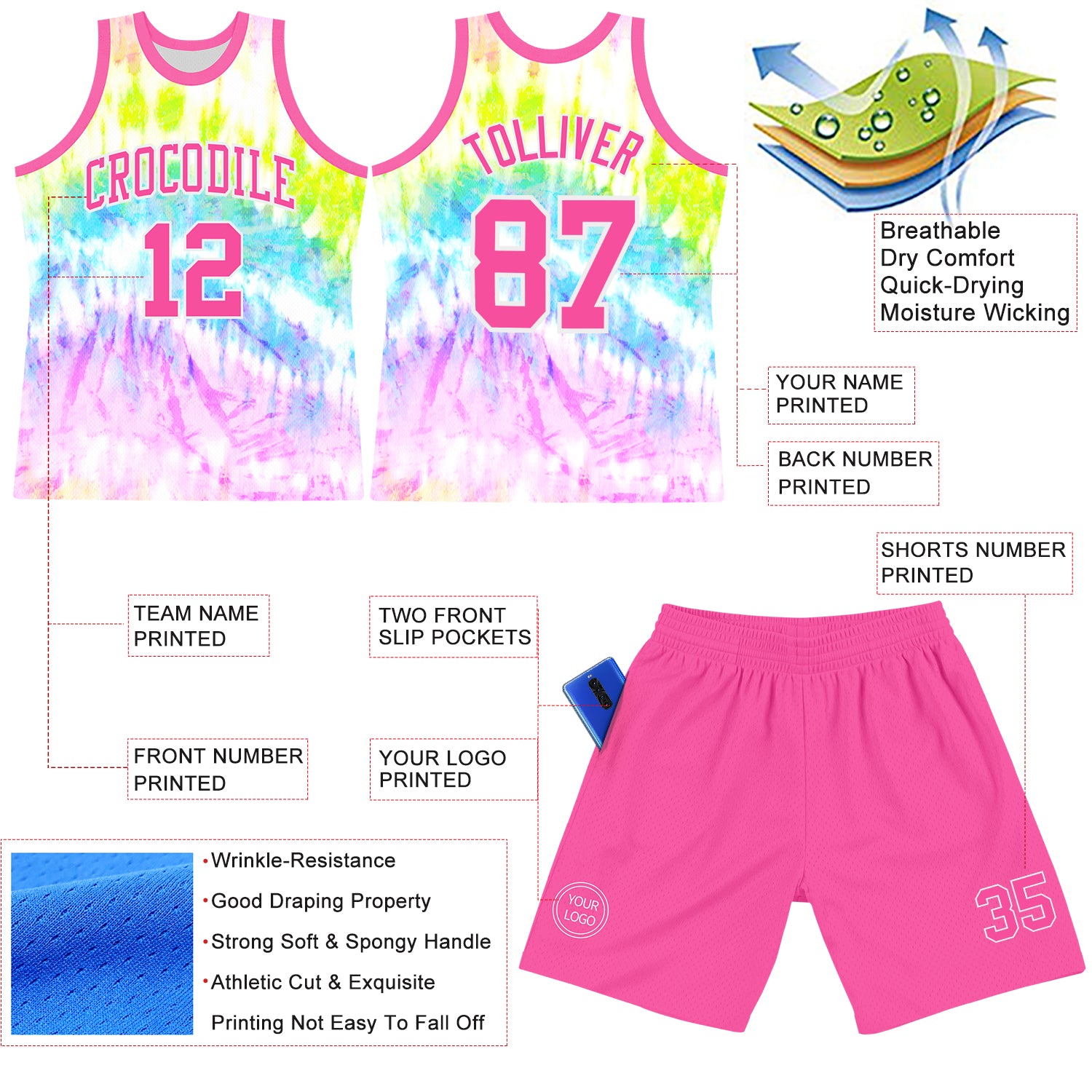 Custom Tie Dye Pink-White Round Neck Sublimation Basketball Suit Jersey