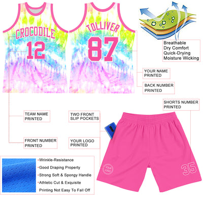 Custom Tie Dye Pink-White Round Neck Sublimation Basketball Suit Jersey