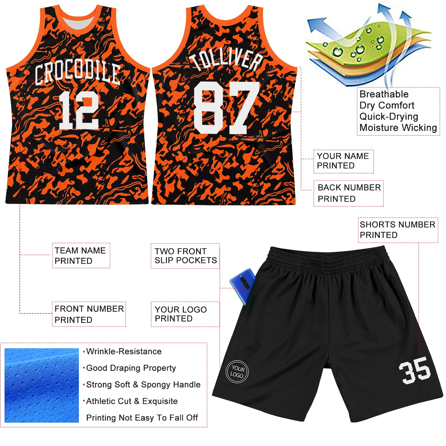 Custom Black White-Orange Fluid Art Round Neck Sublimation Basketball Suit Jersey