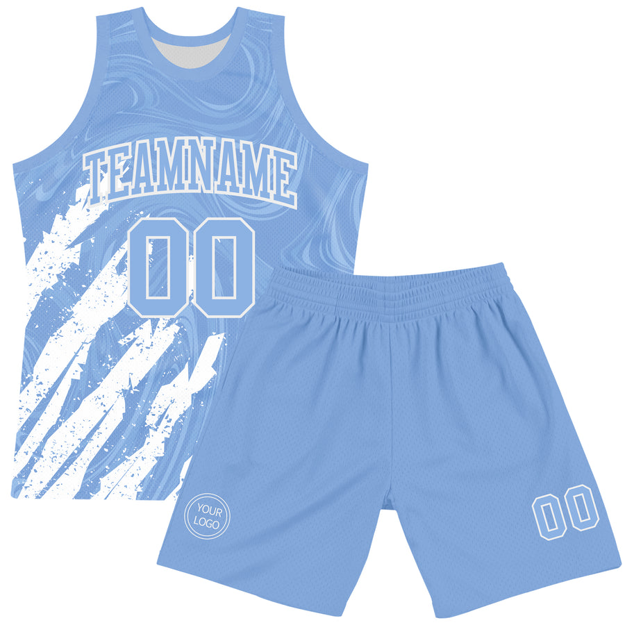 Custom Light Blue White Splash Round Neck Sublimation Basketball Suit Jersey