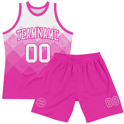 Custom White Deep Pink Gradient Square Shapes Round Neck Sublimation Basketball Suit Jersey