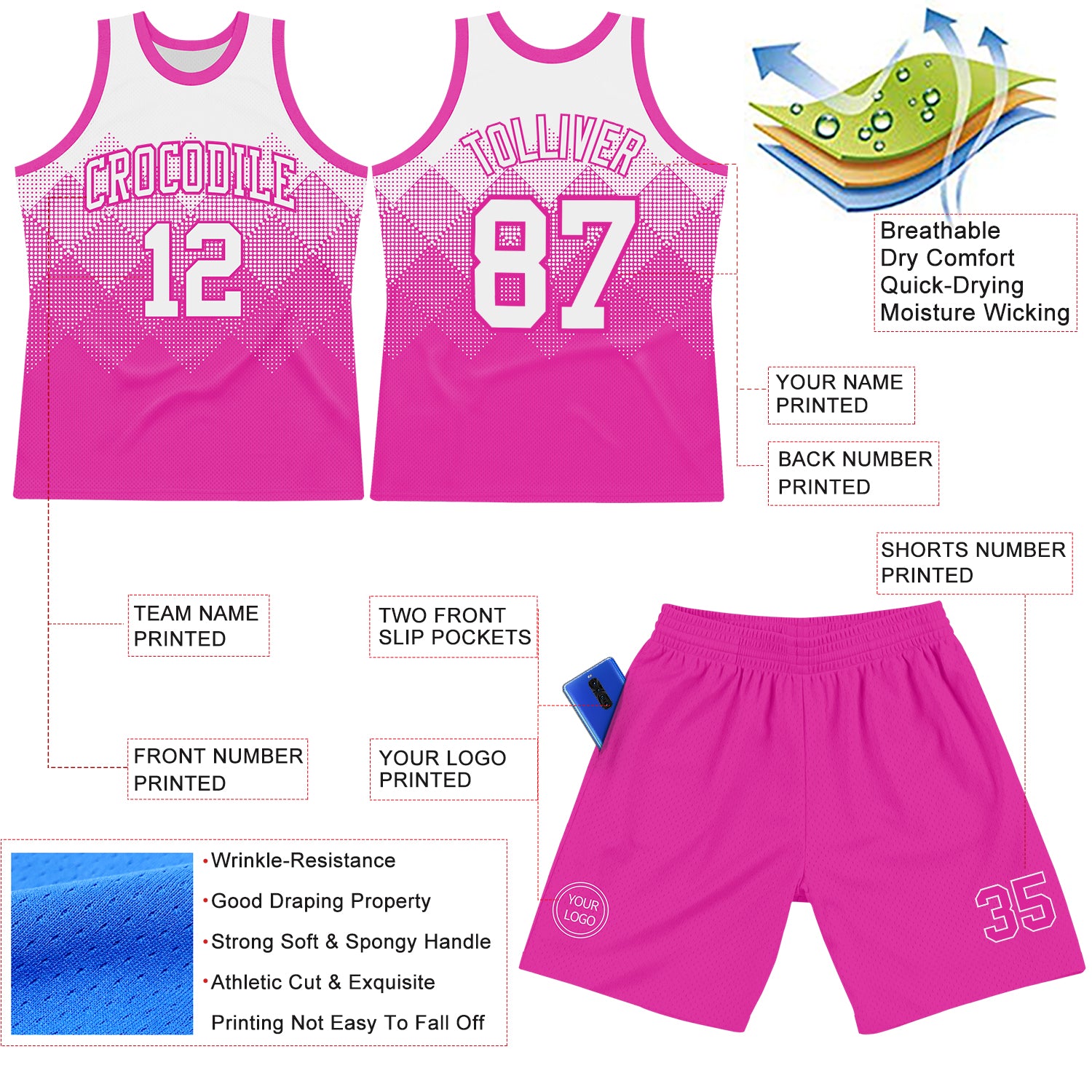 Custom White Deep Pink Gradient Square Shapes Round Neck Sublimation Basketball Suit Jersey