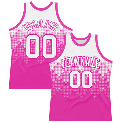 Custom White Deep Pink Gradient Square Shapes Round Neck Sublimation Basketball Suit Jersey