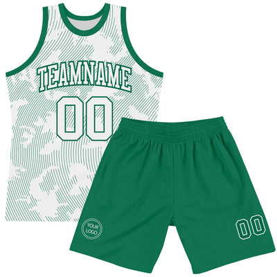 Custom White Kelly Green Curve Lines Round Neck Sublimation Basketball Suit Jersey