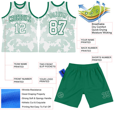 Custom White Kelly Green Curve Lines Round Neck Sublimation Basketball Suit Jersey