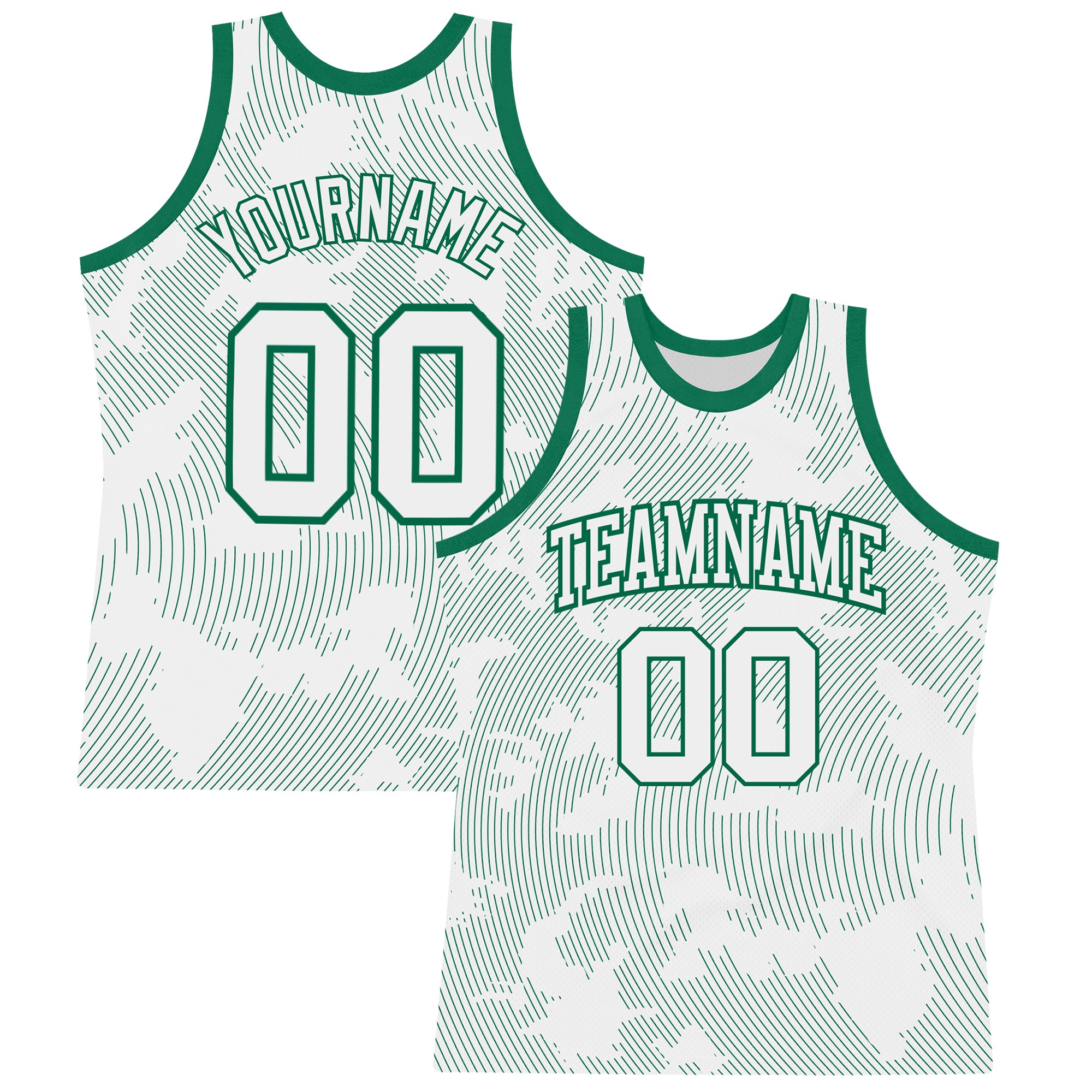 Custom White Kelly Green Curve Lines Round Neck Sublimation Basketball Suit Jersey