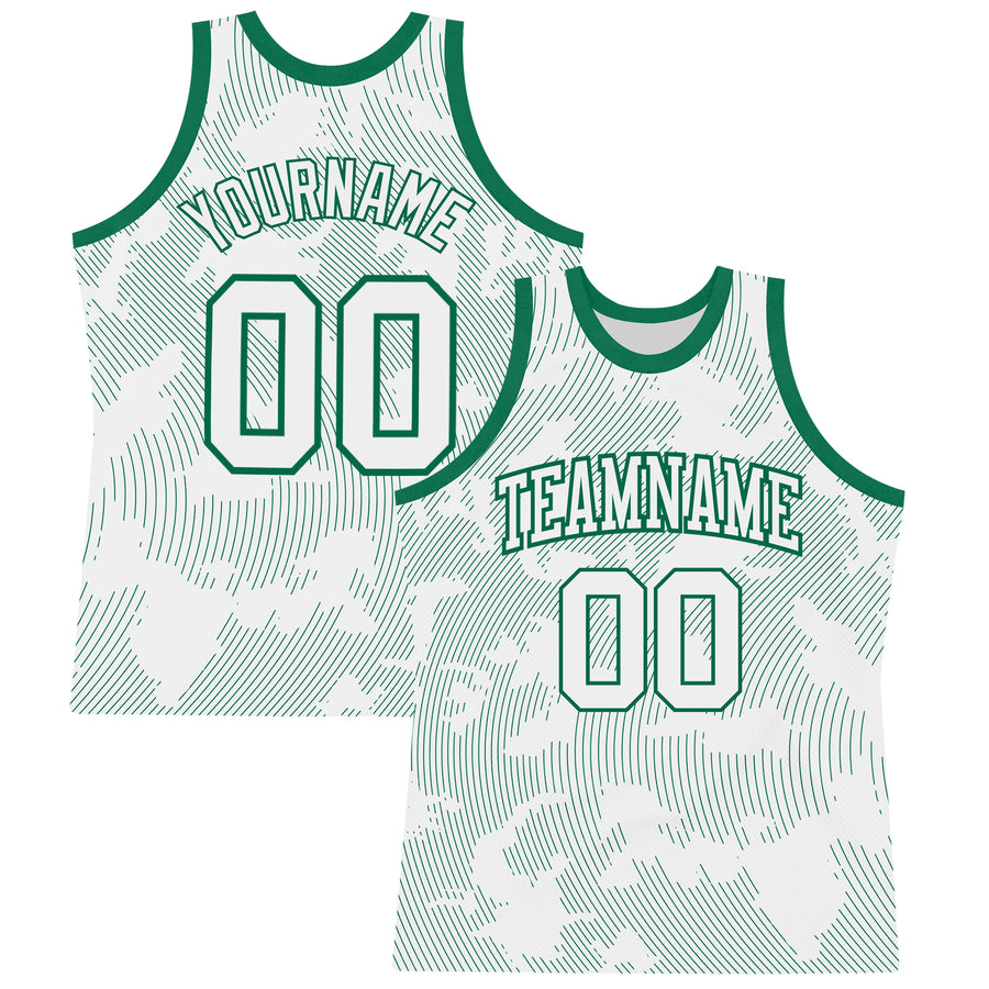 Custom White Kelly Green Curve Lines Round Neck Sublimation Basketball Suit Jersey