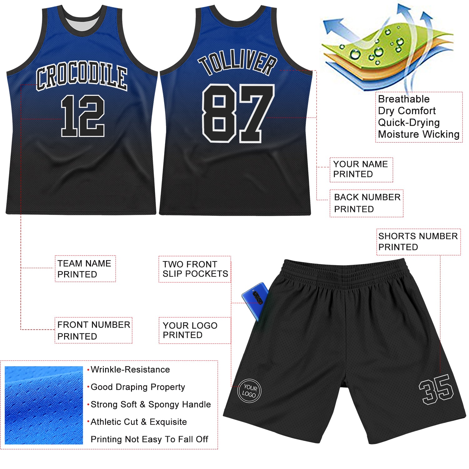 Custom Royal Black-White Fade Fashion Round Neck Sublimation Basketball Suit Jersey