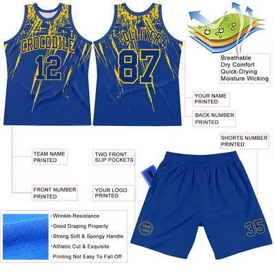 Custom Royal Yellow Splash Round Neck Sublimation Basketball Suit Jersey