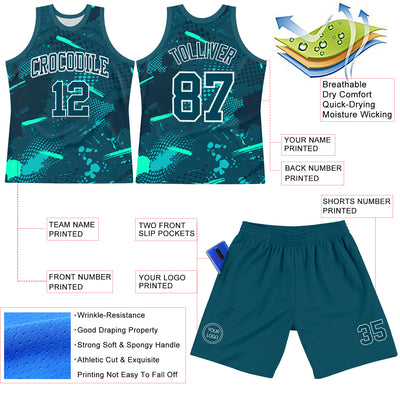 Custom Green Aqua-White Splash Round Neck Sublimation Basketball Suit Jersey