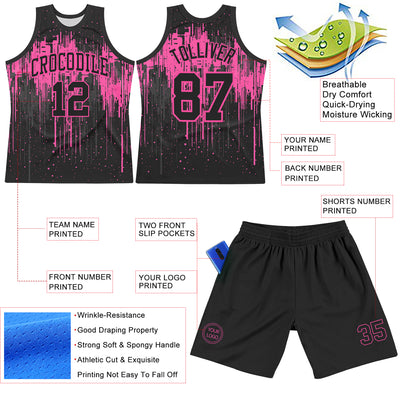 Custom Black Pink Dripping Splatter Art Round Neck Sublimation Basketball Suit Jersey