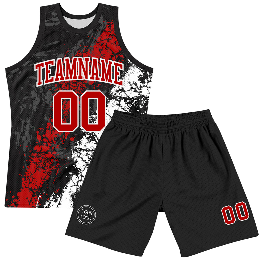 Custom Black Red-White Splash Round Neck Sublimation Basketball Suit Jersey