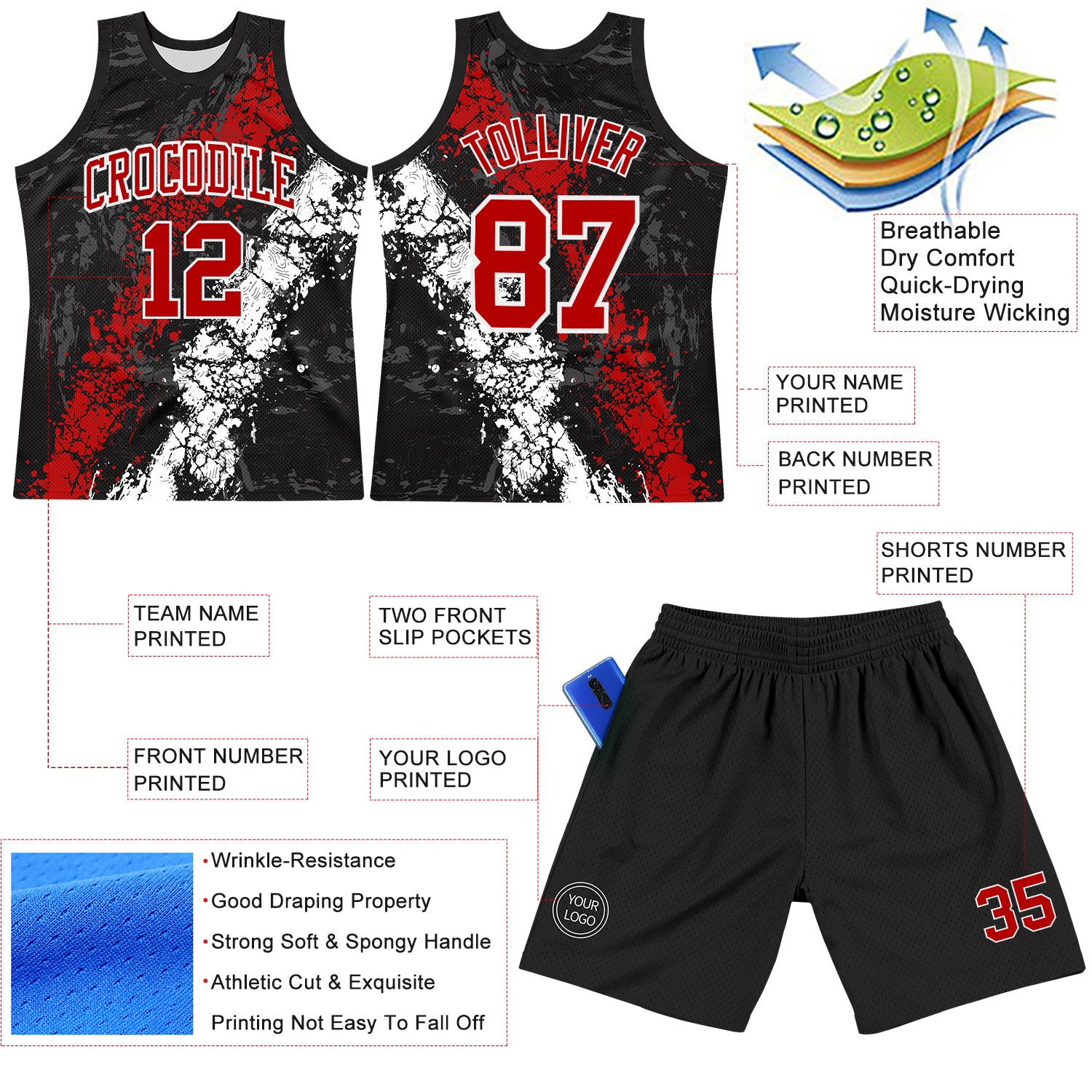 Custom Black Red-White Splash Round Neck Sublimation Basketball Suit Jersey