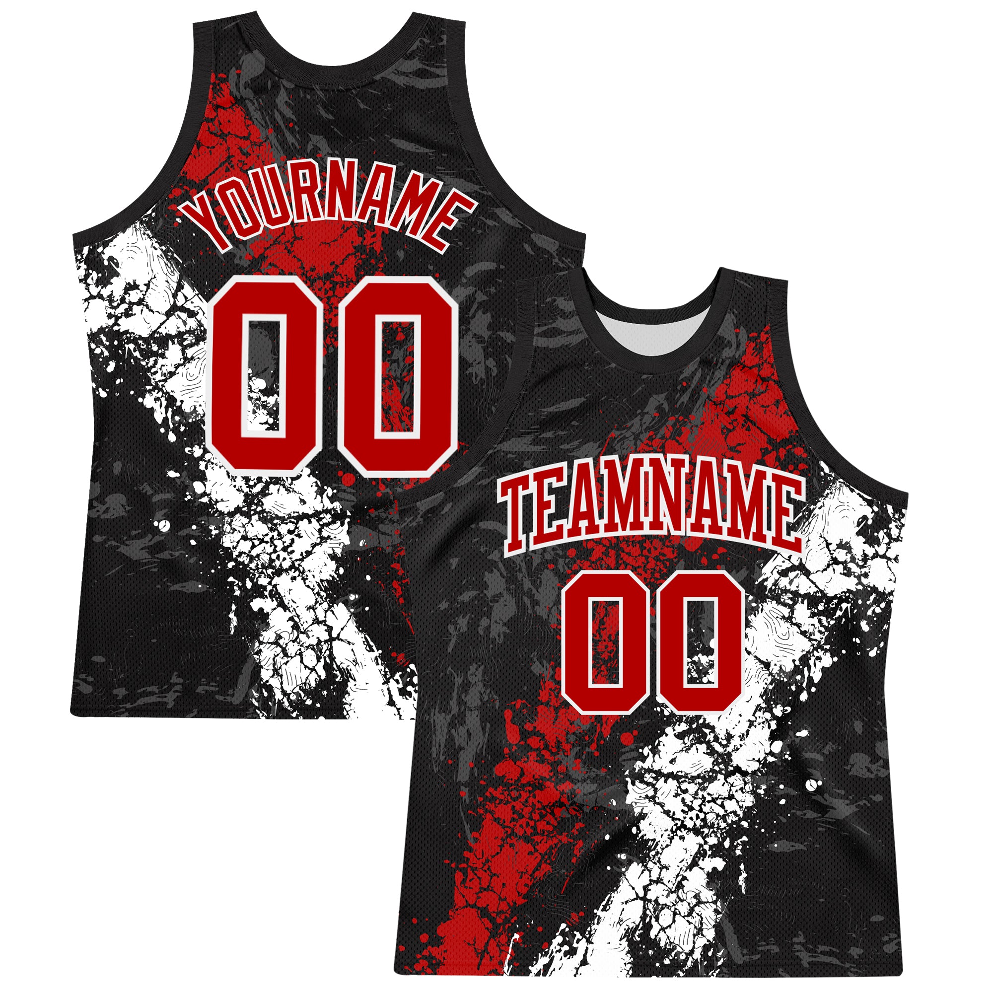Custom Black Red-White Splash Round Neck Sublimation Basketball Suit Jersey