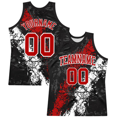 Custom Black Red-White Splash Round Neck Sublimation Basketball Suit Jersey