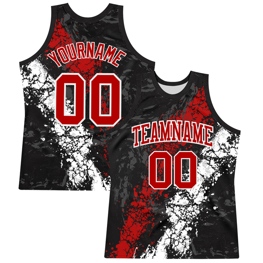 Custom Black Red-White Splash Round Neck Sublimation Basketball Suit Jersey