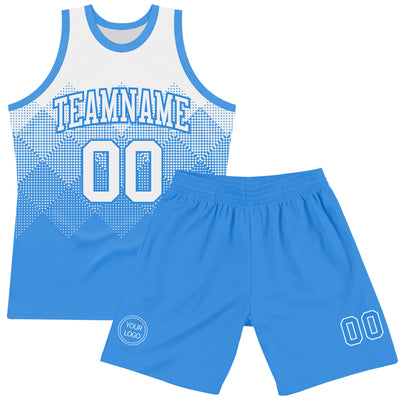 Custom White Powder Blue Gradient Square Shapes Round Neck Sublimation Basketball Suit Jersey