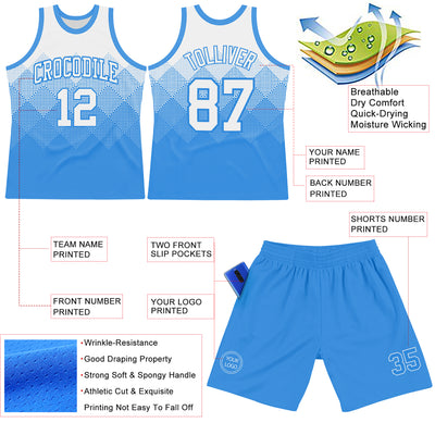 Custom White Powder Blue Gradient Square Shapes Round Neck Sublimation Basketball Suit Jersey