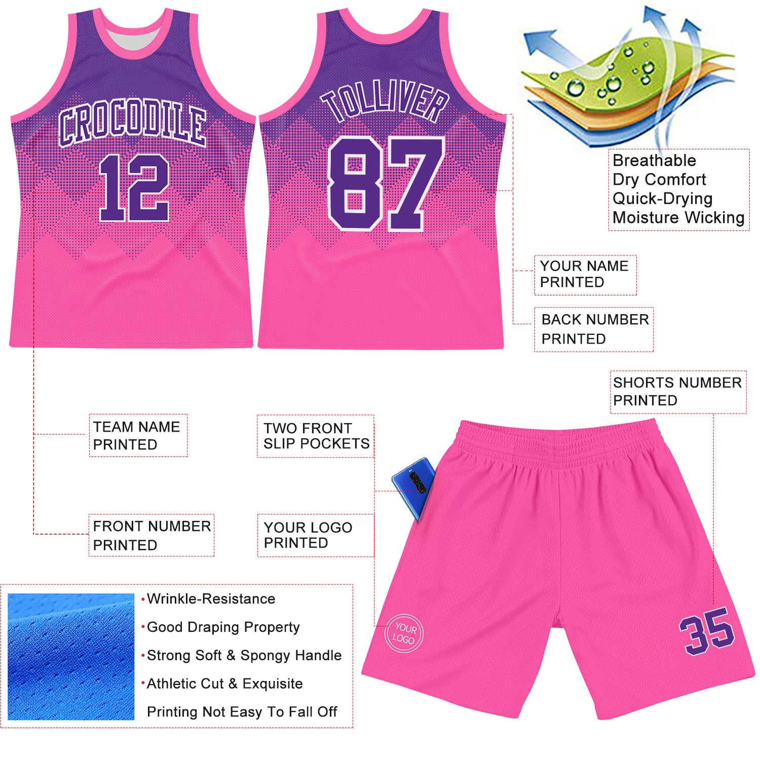 Custom Purple Pink-White Gradient Square Shapes Round Neck Sublimation Basketball Suit Jersey