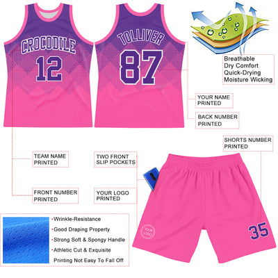 Custom Purple Pink-White Gradient Square Shapes Round Neck Sublimation Basketball Suit Jersey
