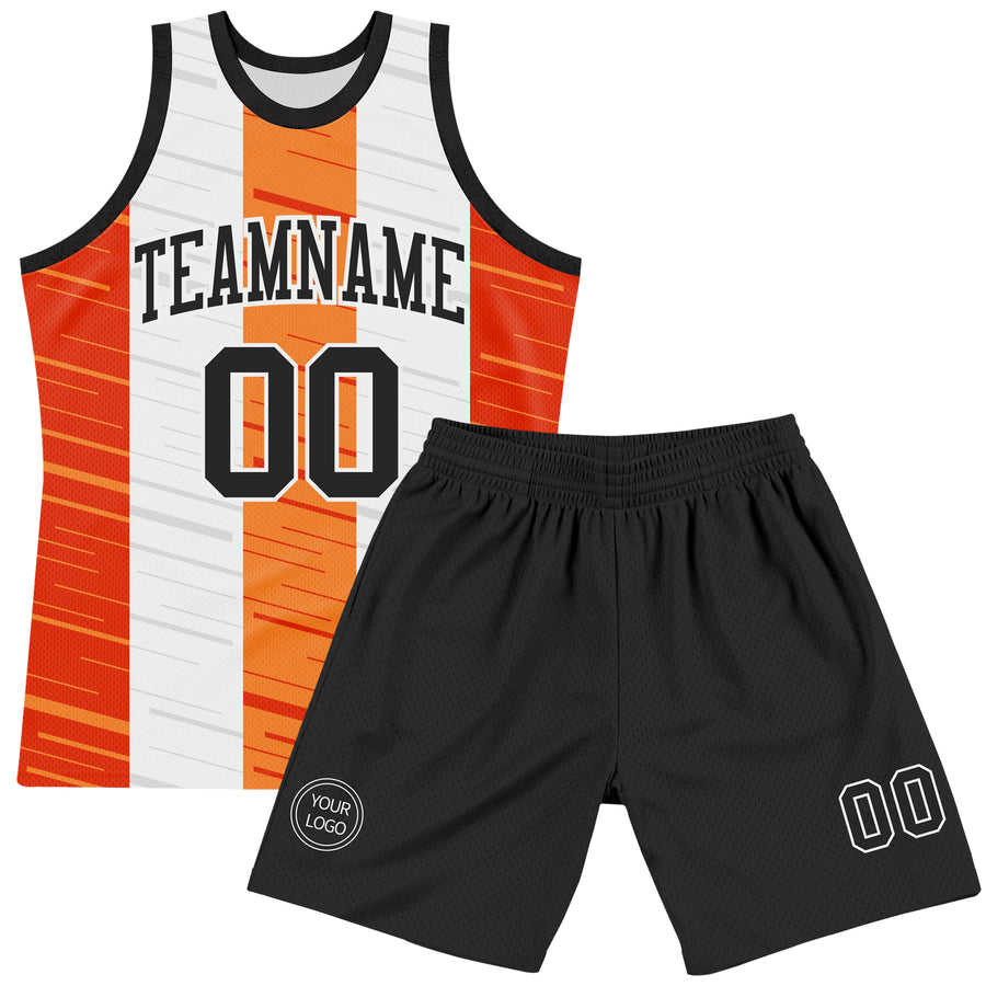 Custom White Black-Orange Line Round Neck Sublimation Basketball Suit Jersey