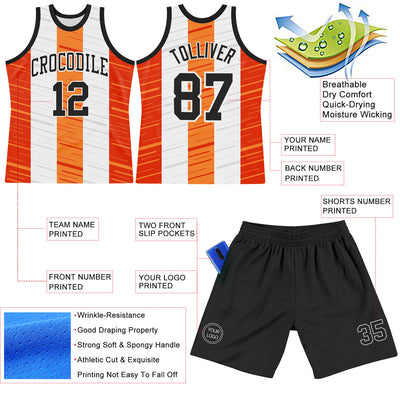 Custom White Black-Orange Line Round Neck Sublimation Basketball Suit Jersey