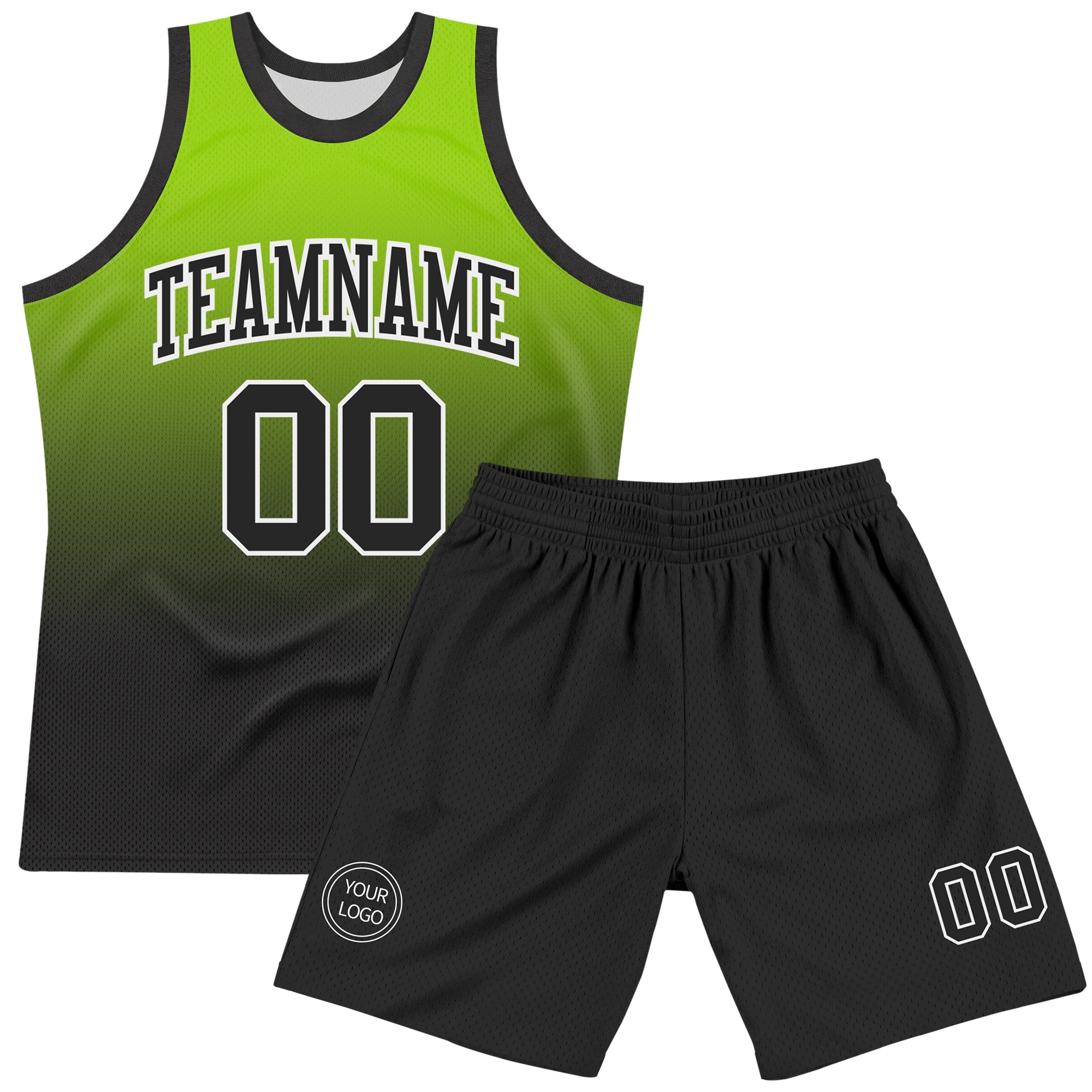 Custom Neon Green Black-White Fade Fashion Round Neck Sublimation Basketball Suit Jersey