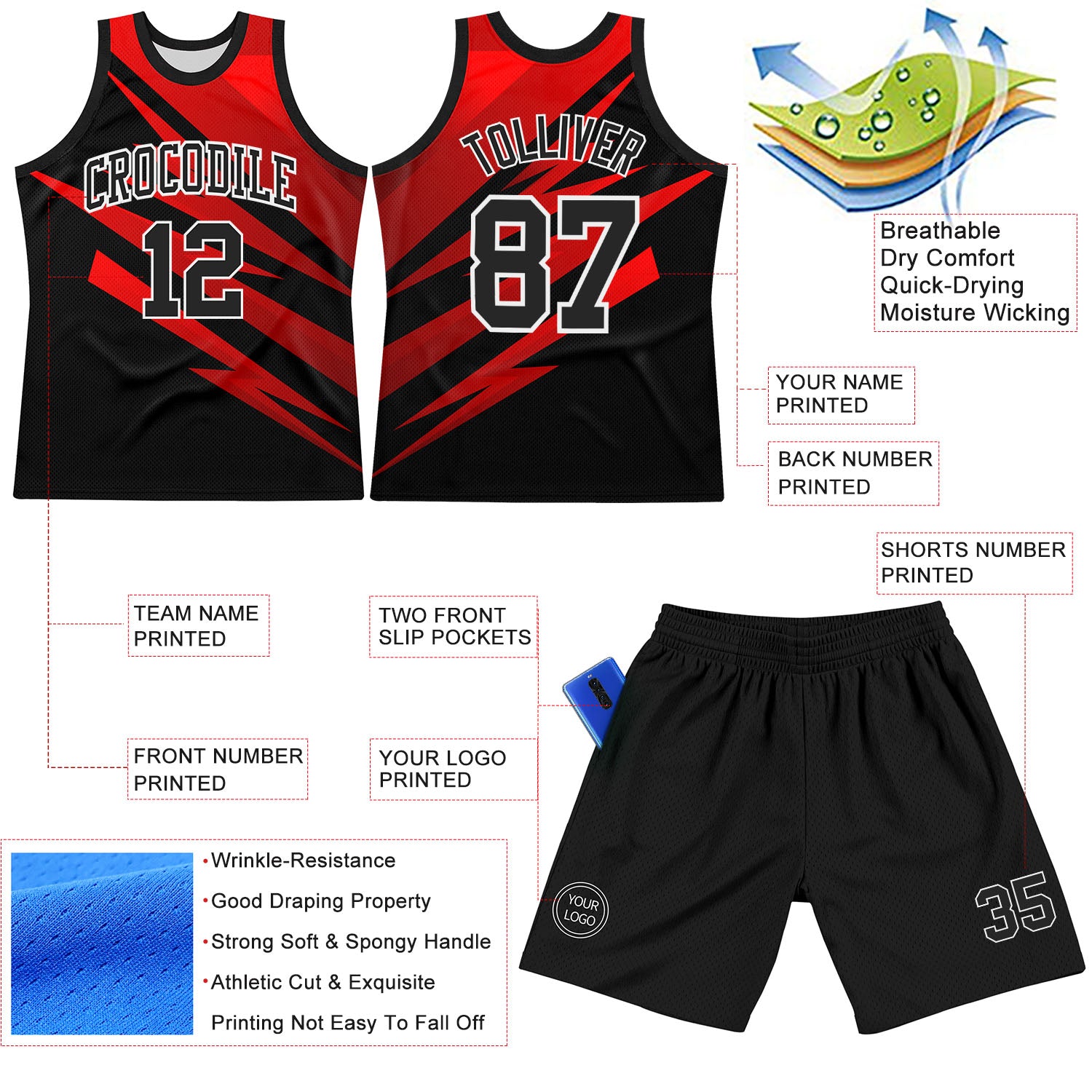 Custom Black Red-White Line Round Neck Sublimation Basketball Suit Jersey
