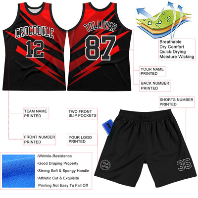 Custom Black Red-White Line Round Neck Sublimation Basketball Suit Jersey