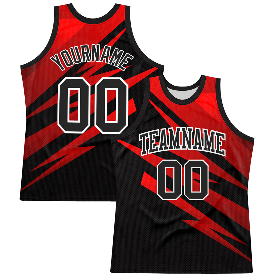 Custom Black Red-White Line Round Neck Sublimation Basketball Suit Jersey
