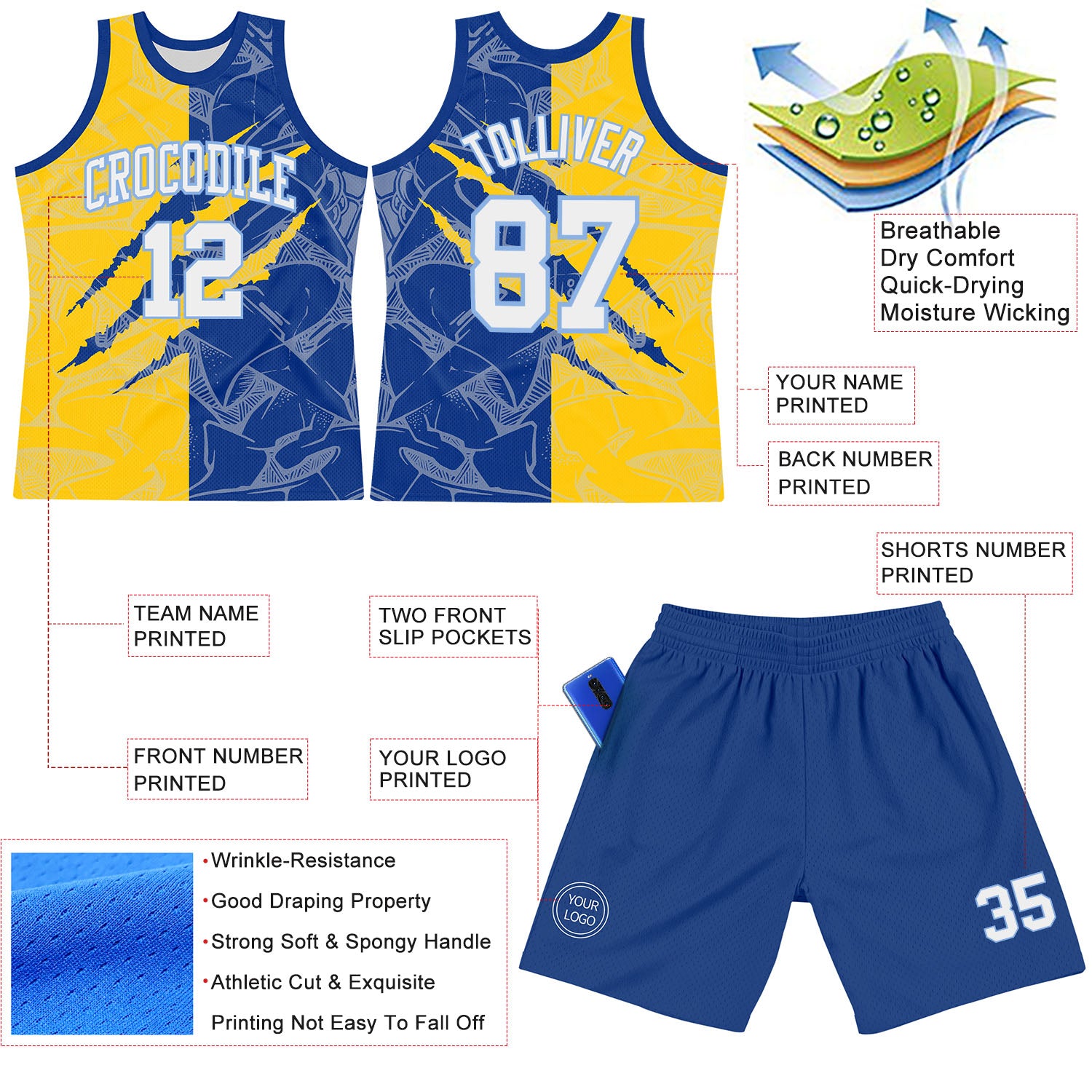 Custom Graffiti Pattern White Royal Yellow-Light Blue Scratch Round Neck Sublimation Basketball Suit Jersey