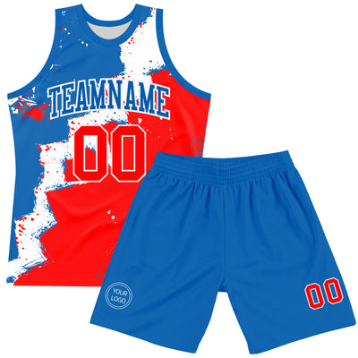 Custom Royal Red-White Splash Round Neck Sublimation Basketball Suit Jersey
