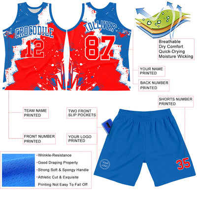 Custom Royal Red-White Splash Round Neck Sublimation Basketball Suit Jersey