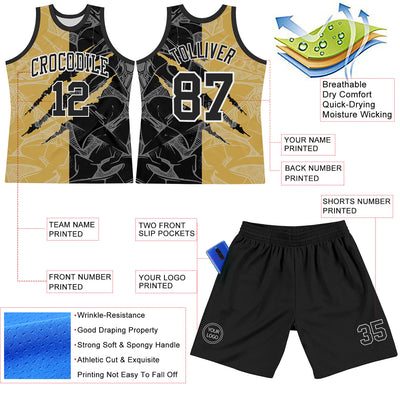 Custom Graffiti Pattern Black Old Gold-White Scratch Round Neck Sublimation Basketball Suit Jersey