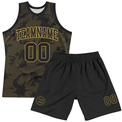 Custom Black Old Gold Curve Lines Round Neck Sublimation Basketball Suit Jersey