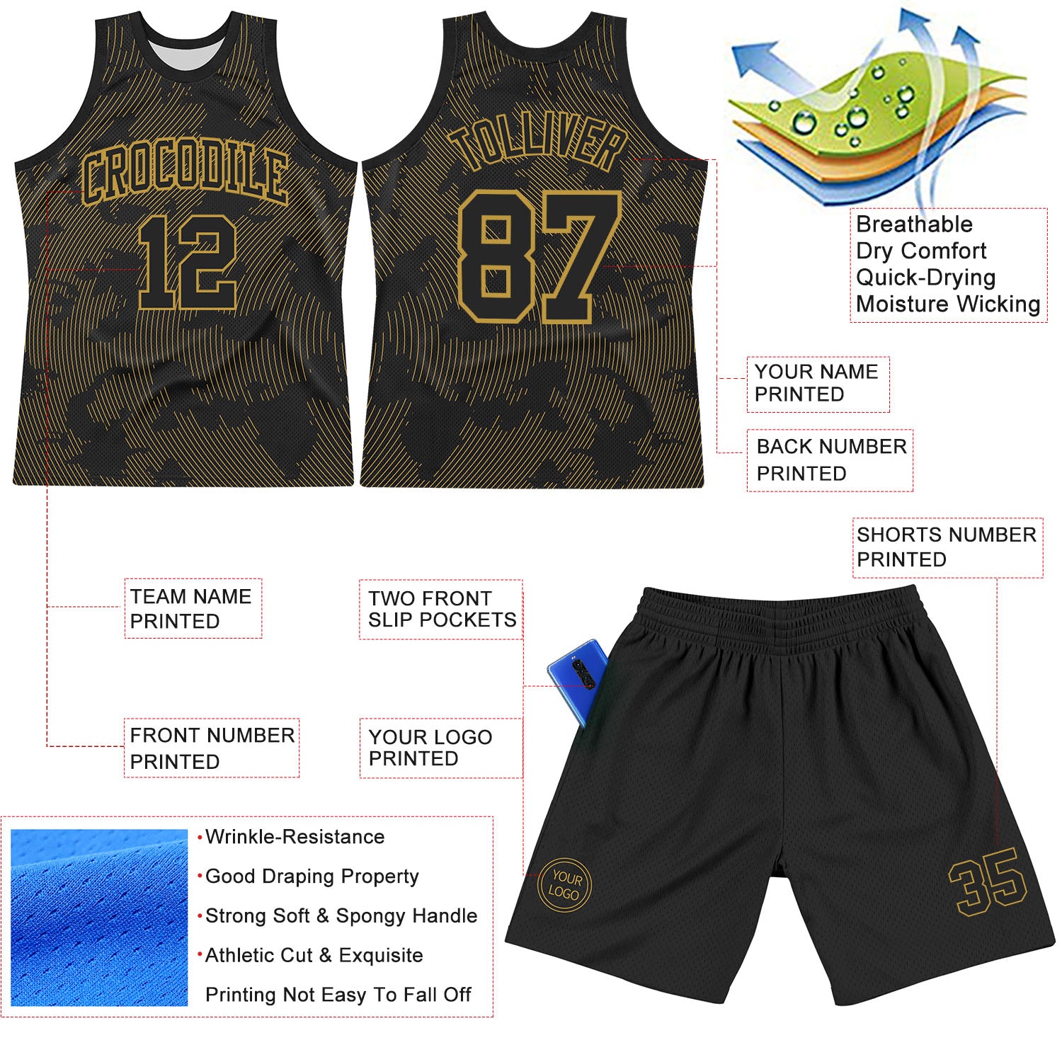 Custom Black Old Gold Curve Lines Round Neck Sublimation Basketball Suit Jersey