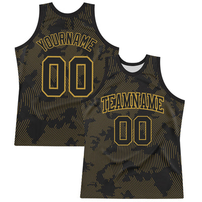 Custom Black Old Gold Curve Lines Round Neck Sublimation Basketball Suit Jersey
