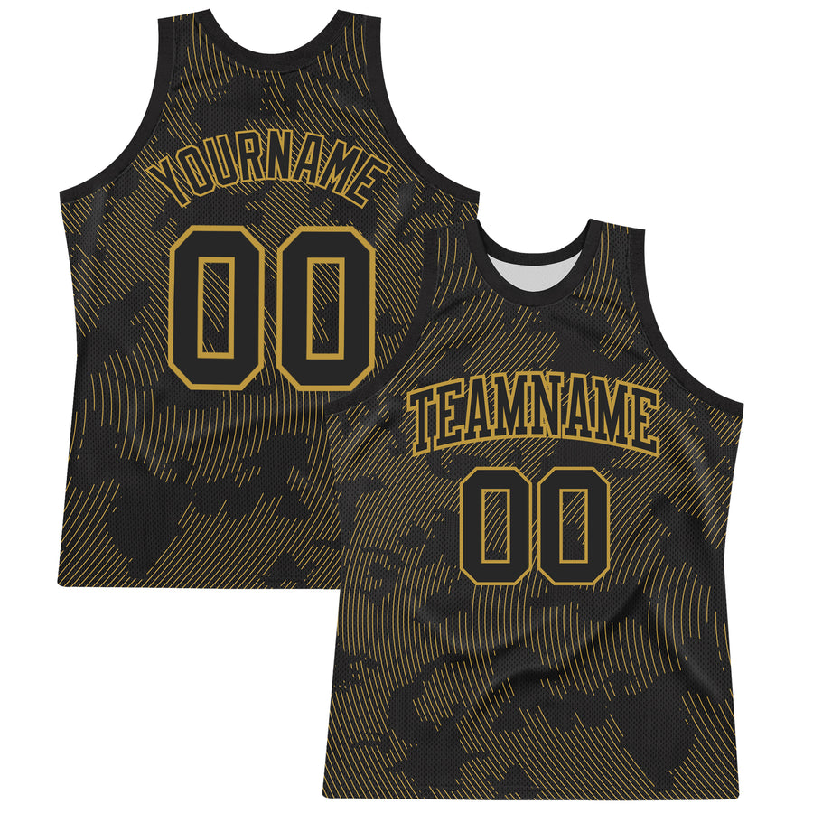 Custom Black Old Gold Curve Lines Round Neck Sublimation Basketball Suit Jersey