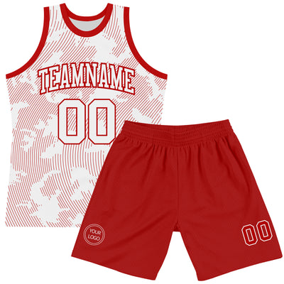 Custom White Red Curve Lines Round Neck Sublimation Basketball Suit Jersey