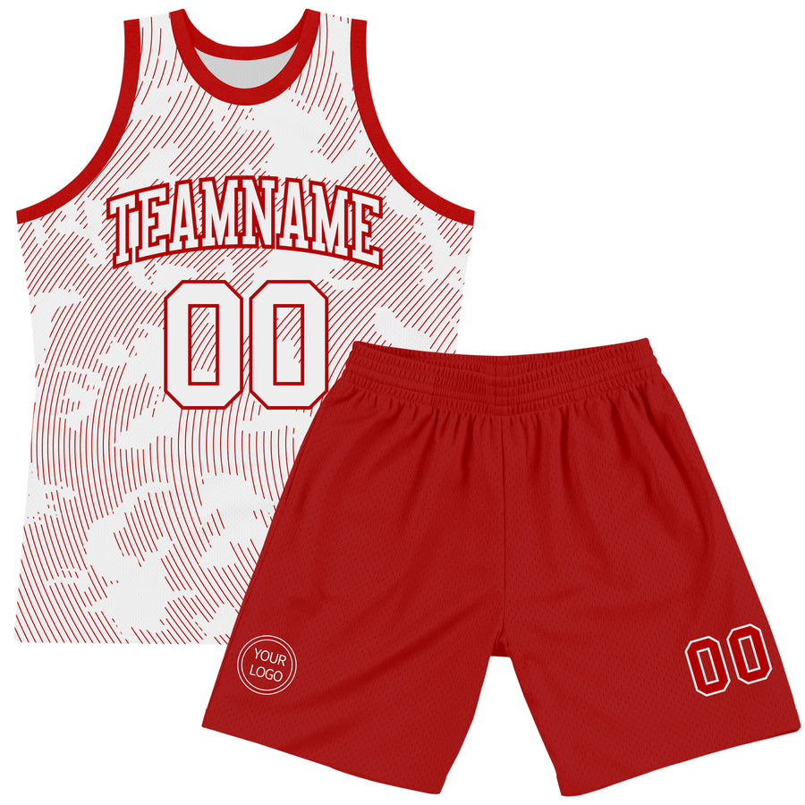 Custom White Red Curve Lines Round Neck Sublimation Basketball Suit Jersey