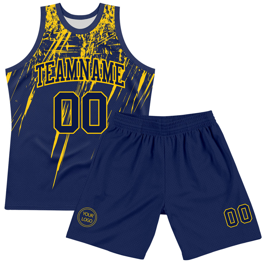 Custom Navy Yellow Splash Round Neck Sublimation Basketball Suit Jersey