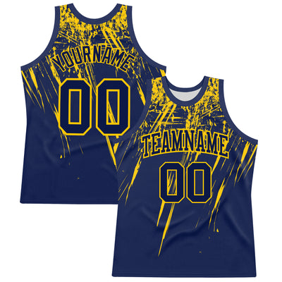 Custom Navy Yellow Splash Round Neck Sublimation Basketball Suit Jersey
