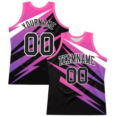 Custom Pink Black-White Line Round Neck Sublimation Basketball Suit Jersey