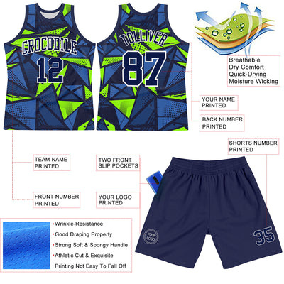 Custom Navy Neon Green-White Geometric Shape Round Neck Sublimation Basketball Suit Jersey