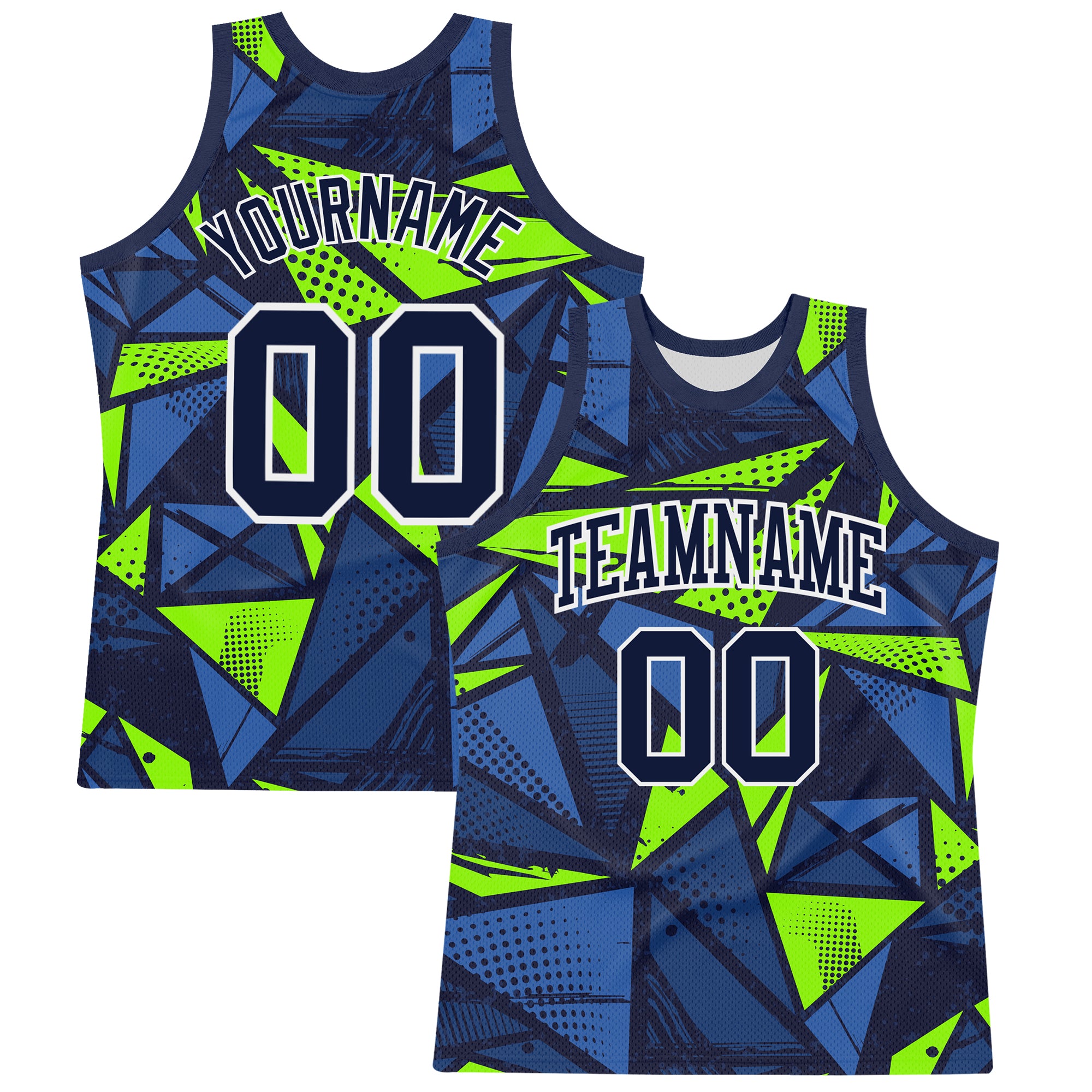 Custom Navy Neon Green-White Geometric Shape Round Neck Sublimation Basketball Suit Jersey